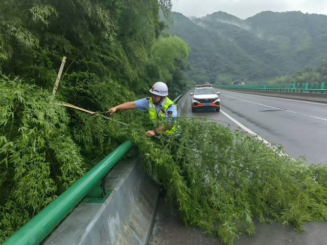 05 臺風(fēng)格美登陸在即，7月26日 六安西中心管控部巡路員柴夢麒清理侵占路面的毛竹(1).png